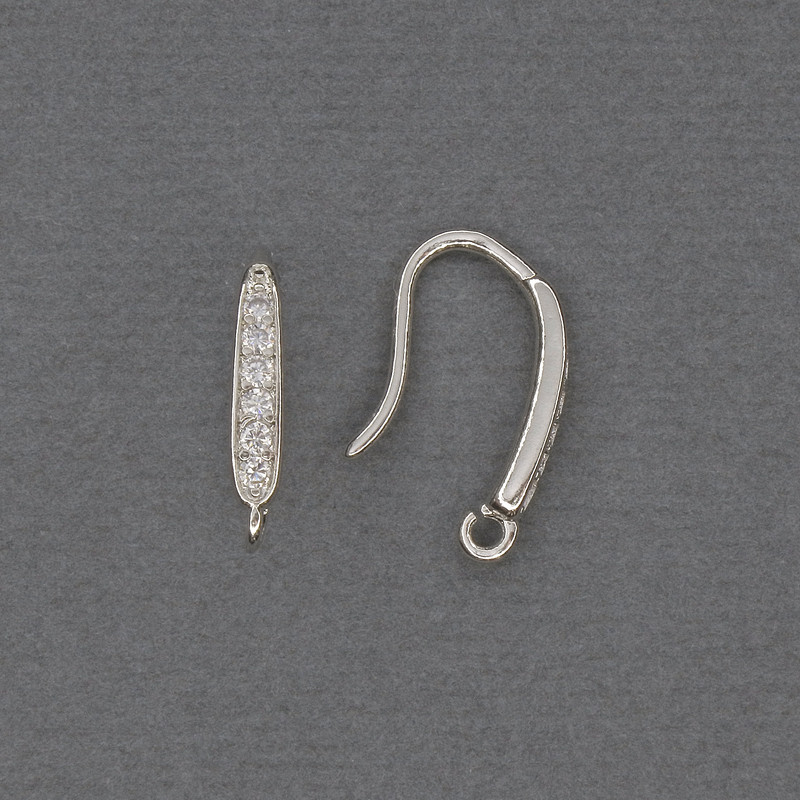 Ear hooks for earrings with white crystals, silver-tone metal, 17×2.5 mm — pair