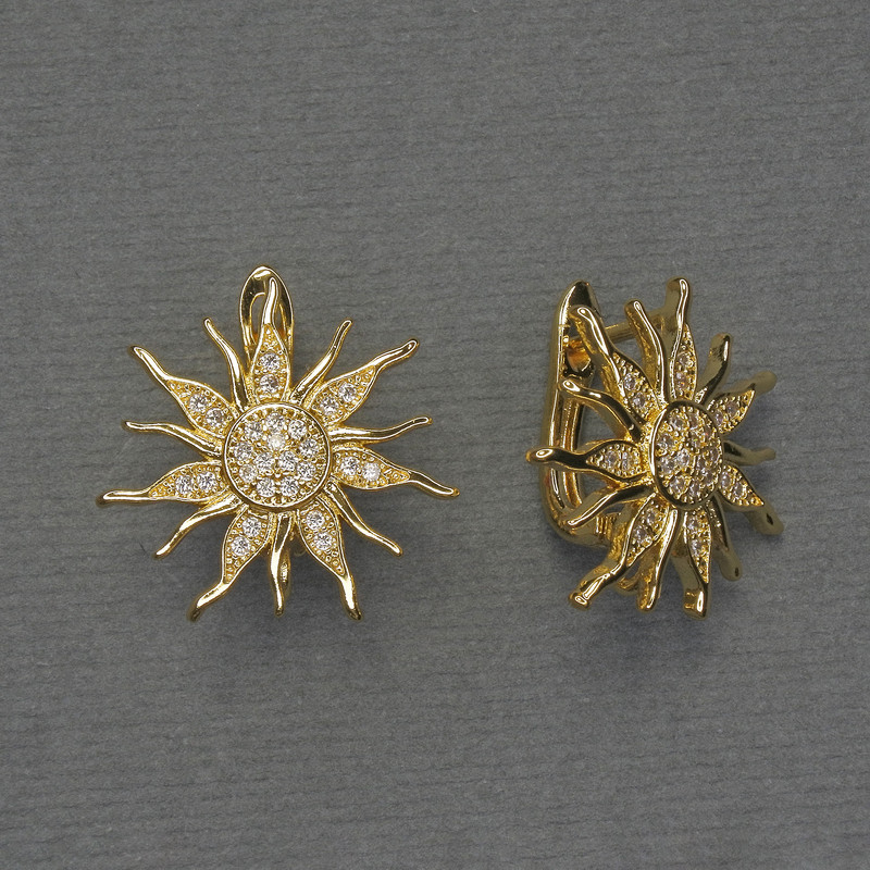 Gold-tone ear hooks for earrings with white crystals, 20 mm diameter, pair