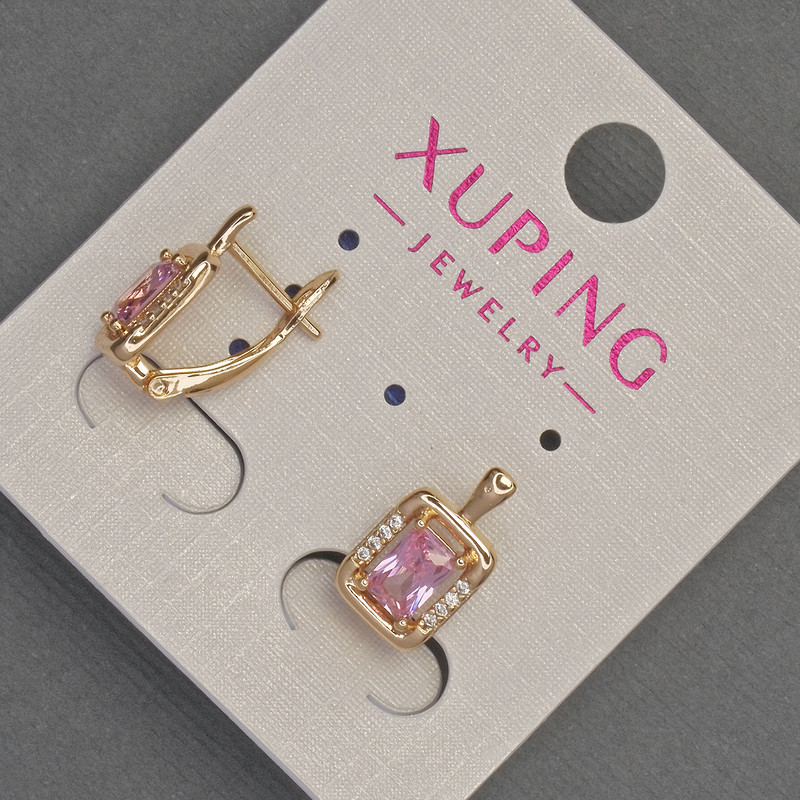 Xuping Earrings with White Rhinestones and Pink Crystal, Diameter 8 mm, Length 14 mm, 18K Gold Plating
