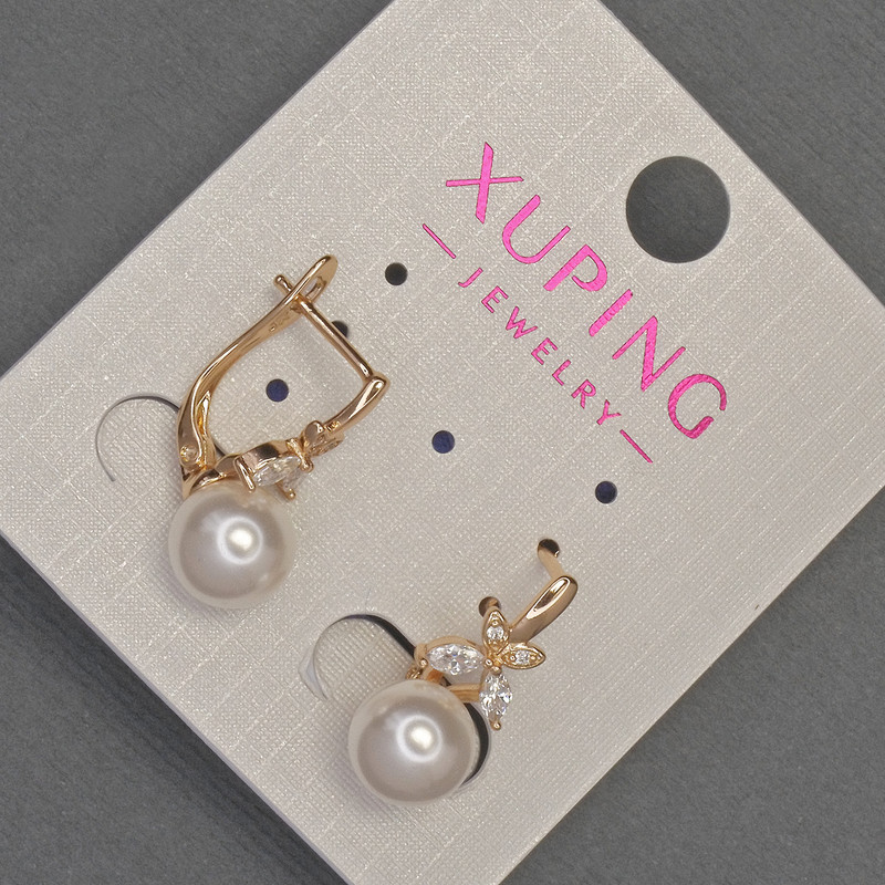Xuping Earrings with White Crystals and Mallorca Pearl, 8mm Diameter, 18mm Length, 18K Gold Plating