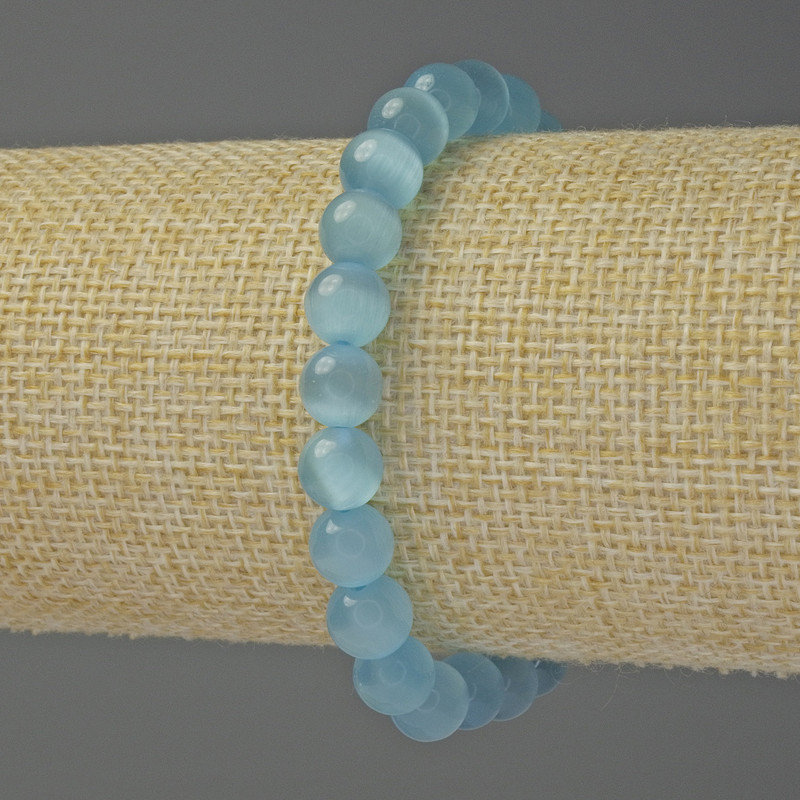 Blue Cat's Eye Bracelet with Smooth 8mm Beads, 18 cm Length, Elastic
