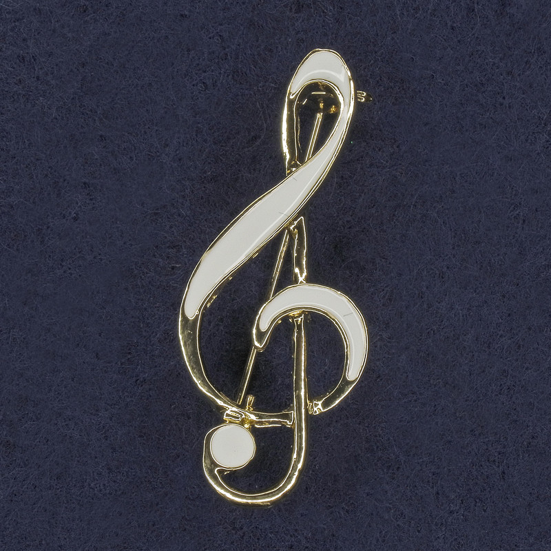 Brooch Treble Clef with White Enamel, Gold-Tone Metal 16x40mm+