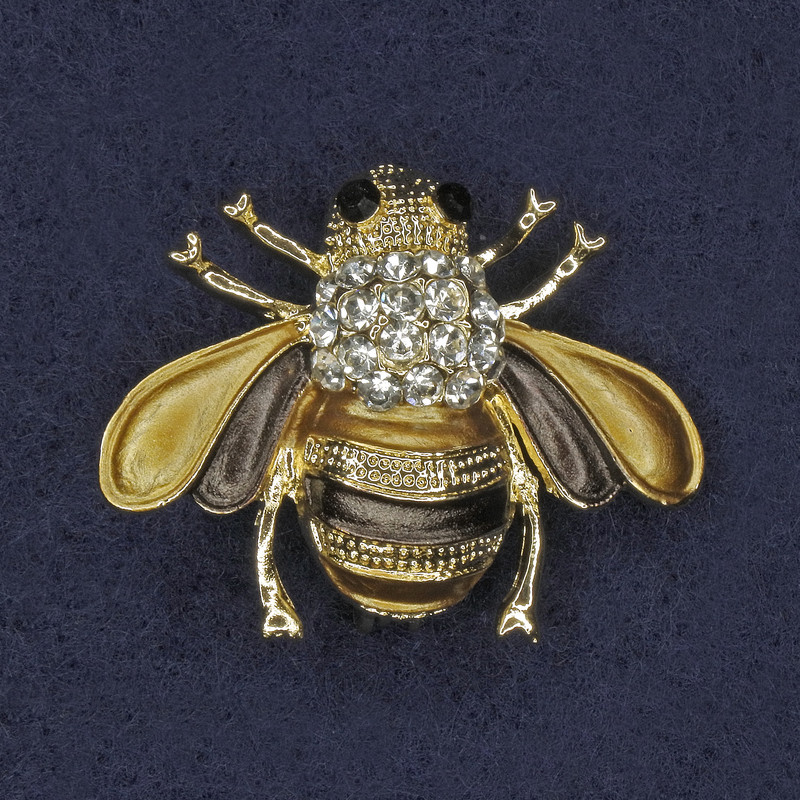 Bee Brooch with golden-brown enamel, white and black crystals, gold-tone metal, 25x30mm+
