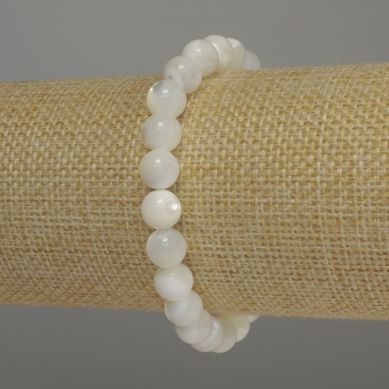 Mother-of-Pearl Bracelet with Smooth Beads, 9 mm Diameter, 18 cm Stretch