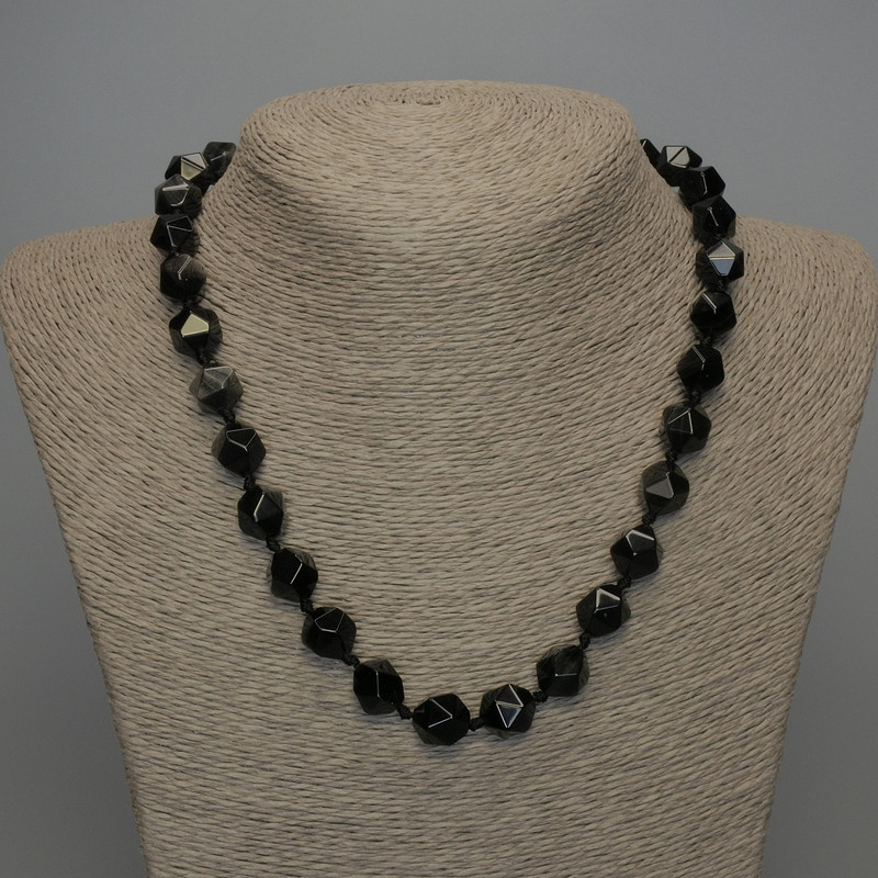 Natural Stone Necklace with Silvery Obsidian Faceted Beads, 12x11 mm, 50 cm