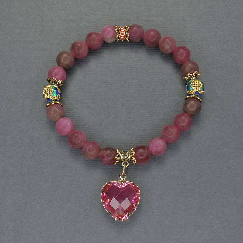 Tourmaline Bracelet with Smooth Round Beads, 8 mm Diameter, Cloisonne Beads with Metal Inlays and a Pendant, 18 cm Length (Stretch)
