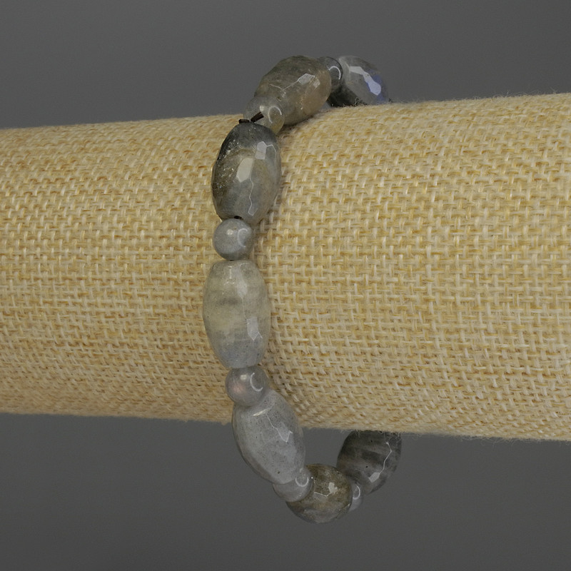 Labradorite Bracelet - Faceted Barrel Beads, 14x10 mm +/-; Smooth Round Beads, 6 mm diameter +/-; 18 cm Stretch