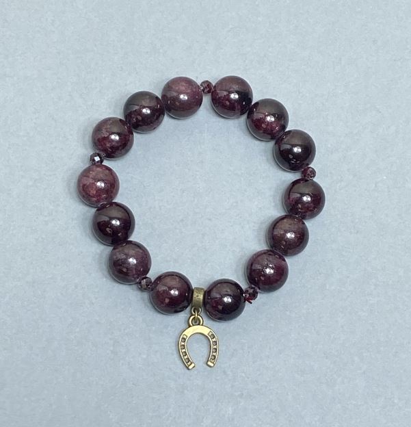 Garnet Bracelet with Smooth Beads, 12 mm Diameter; Faceted Beads 4 mm; with Metal Inlay, Length 18 cm Stretch