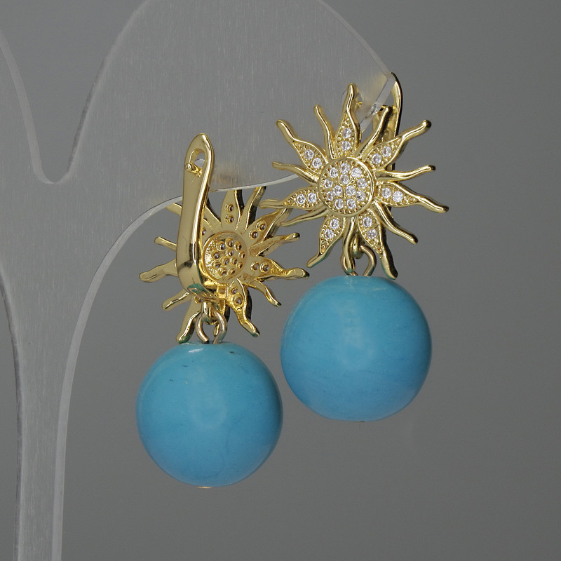 Earrings with imitation turquoise beads, ball-shaped, 15 mm diameter, 24 mm length