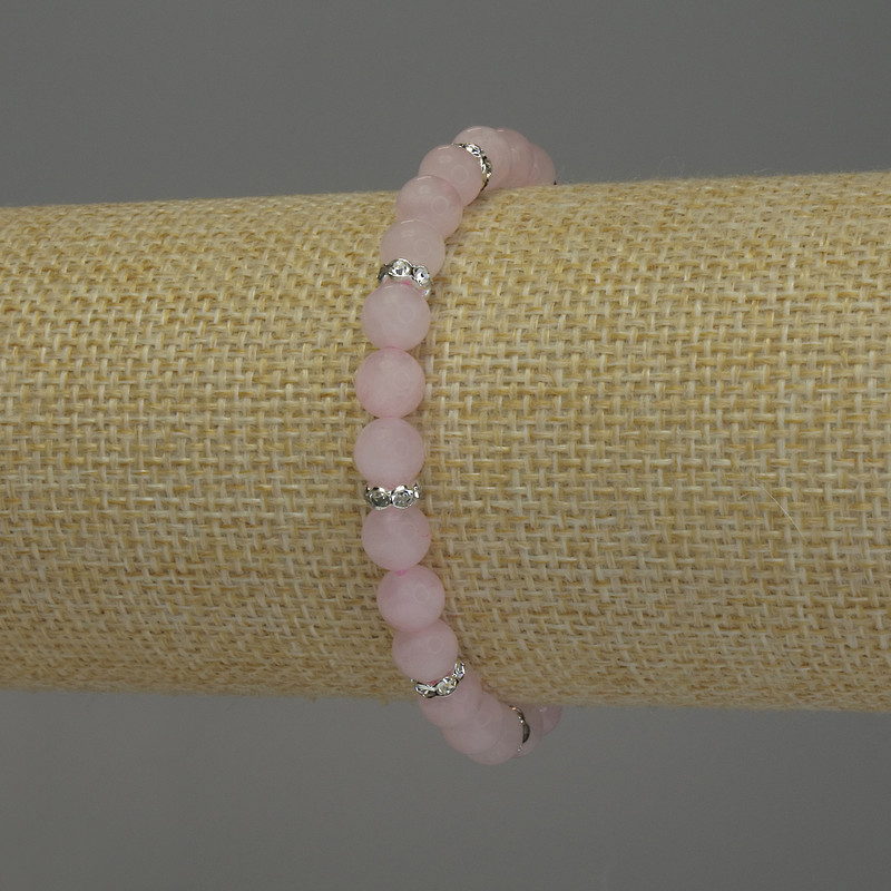 Rose Quartz Bracelet with Smooth Beads, 6 mm Diameter, with Metal Inserts, 18 cm Length, Stretch