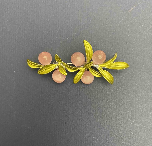 Cat's Eye Brooch 60x27 mm – pink enamel, green metal, silver-tone