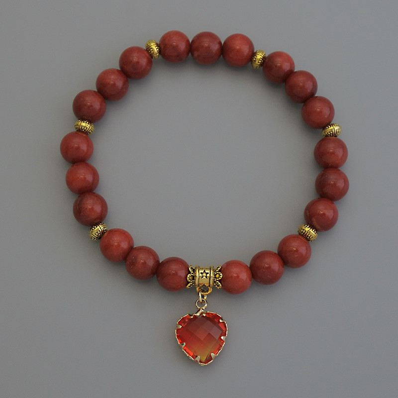 Red Jasper Bracelet with Smooth Round Beads, 8mm Diameter, with Metal Inserts, 18 cm Length, Stretch