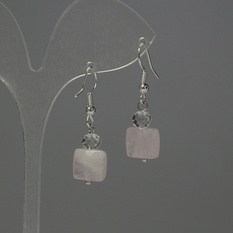 Earrings Rose Quartz Rectangle 10×10 mm ±, Czech Crystal Faceted Rondelle 6×5 mm ±, Length 33 mm ±
