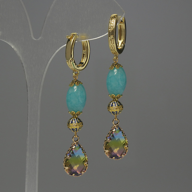 Aquamarine Seed Earrings, diameter about 12 mm; Cloisonné element 7 mm; Crystal in bezel 14×10 mm; total length about 58 mm