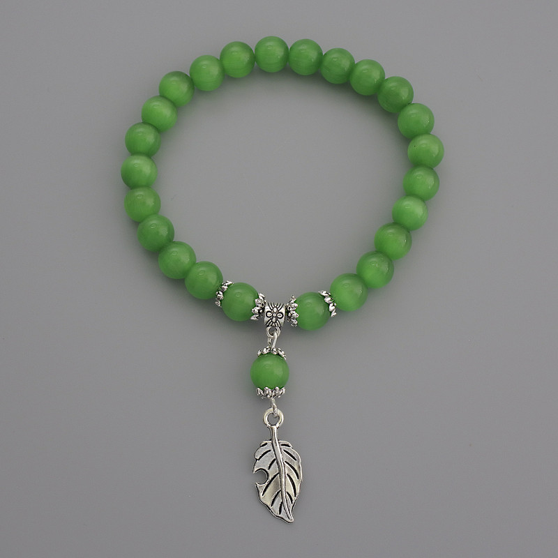 Green Cat's Eye Bracelet with Smooth Beads, 7 mm Diameter, 18 cm Stretch
