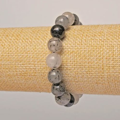 Hair-like Rutile Quartz Bracelet, Natural Stone, Smooth Bead, 12 mm Diameter, 18 cm Length (Stretch)