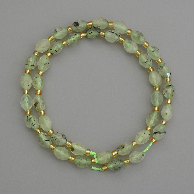 Natural Stone Beads, Prehnite, Faceted Grain, 8x6 mm Diameter ±, with 3 mm Seed Beads ±, Length 38 cm ±