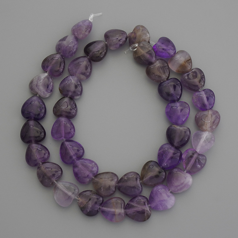 Amethyst natural stone heart beads, 12×12 mm diameter, on thread, length 37 cm