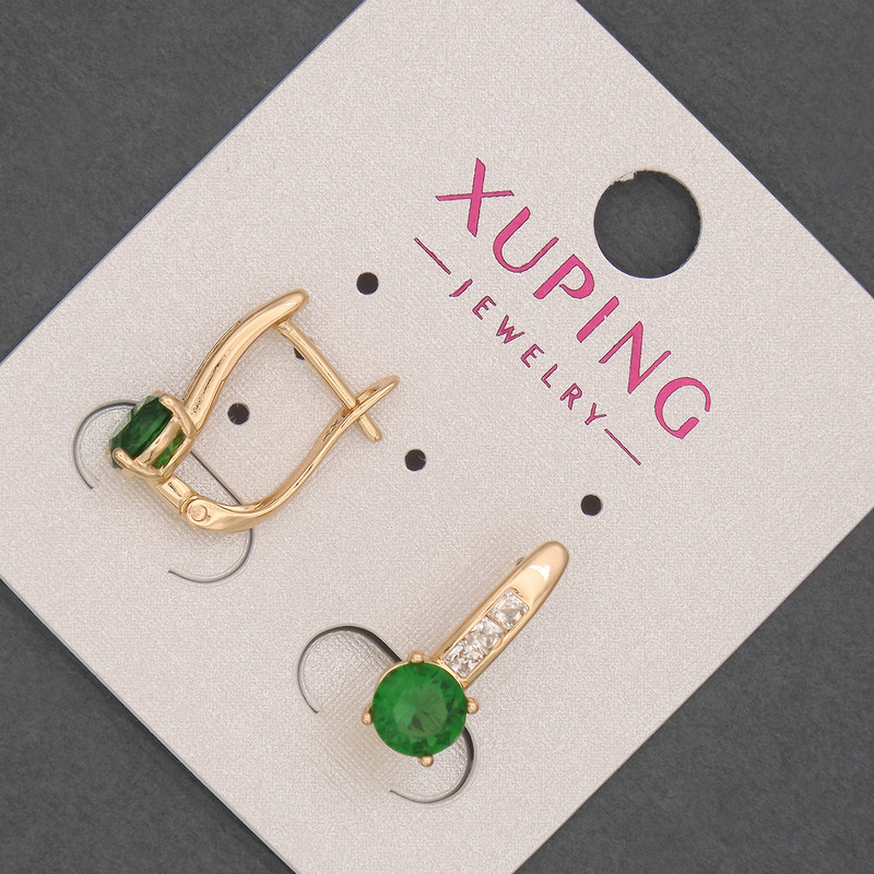Earrings Xuping with white crystals and green crystal, diameter 6mm ±, length 17mm ±, 18K Gold Plating