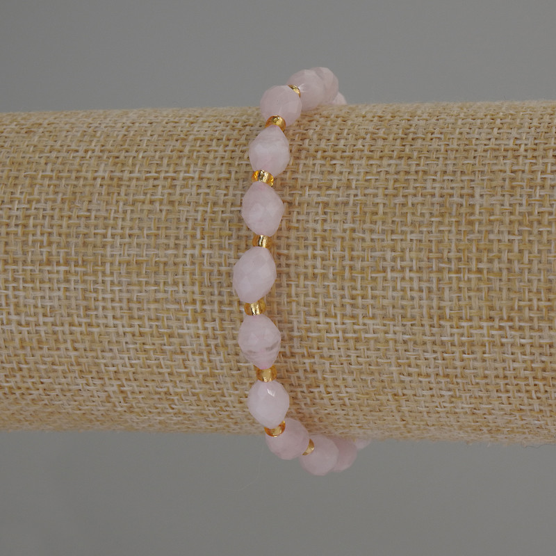 Pink Quartz Bracelet with Faceted Beads, 8×6 mm Diameter, 3 mm Seed Beads, 18 cm Stretch