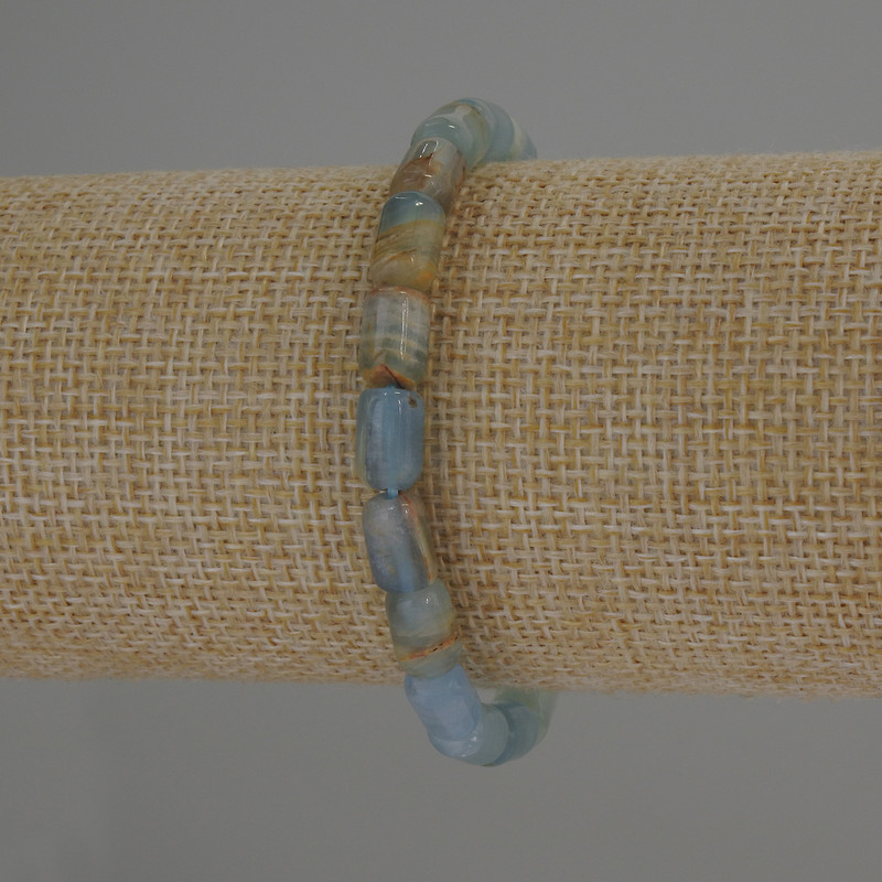 Blue Calcite Cylinder Bracelet, 9×6 mm Beads, 18 cm Length, Elastic