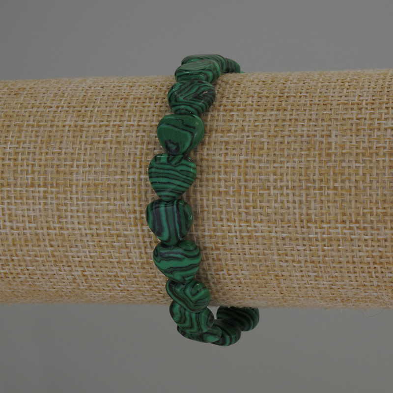 Malachite Heart Bracelet, 10x10 mm diameter, 18 cm length, stretch