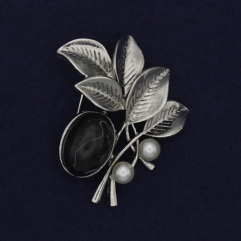 Brooch Twig with Cabochon and Pearls, Silver-Toned Metal 48x40mm+