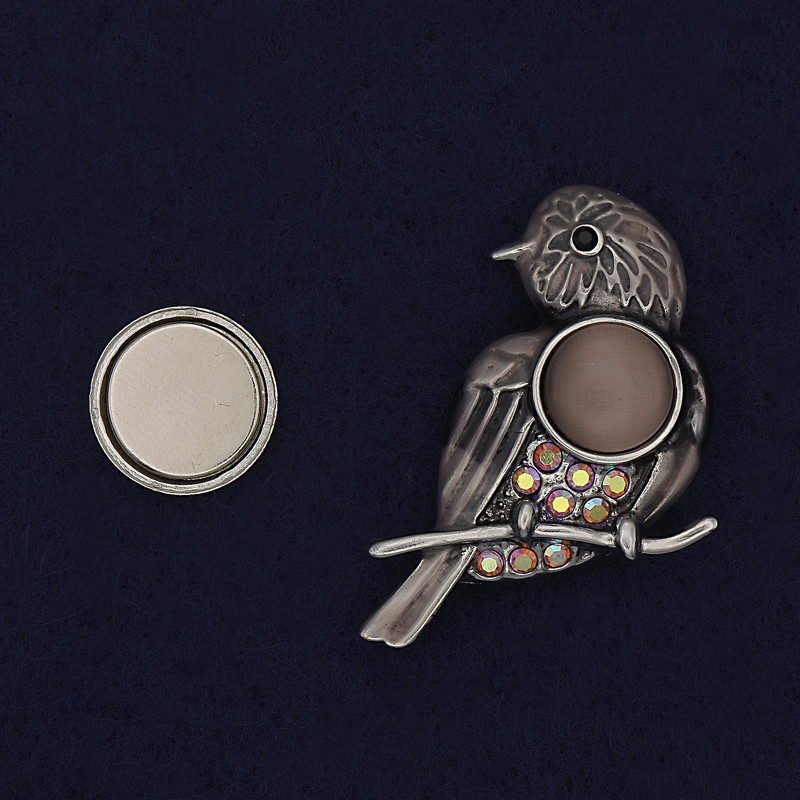 Magnetic Brooch Bird Enamel Cat's Eye Crystals Silvery Metal 34x28mm+