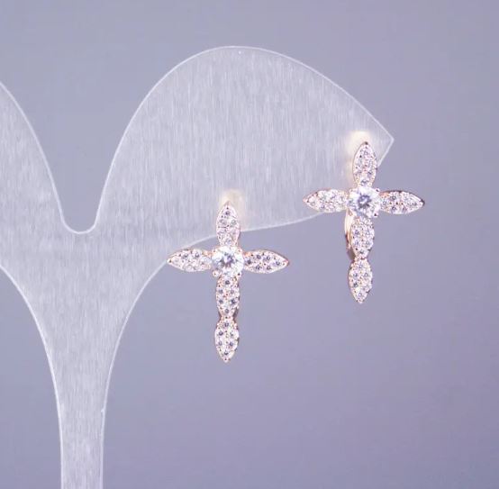 Xuping Earrings in 18K Gold-Plated with White Crystals, Cross, 20x15 mm