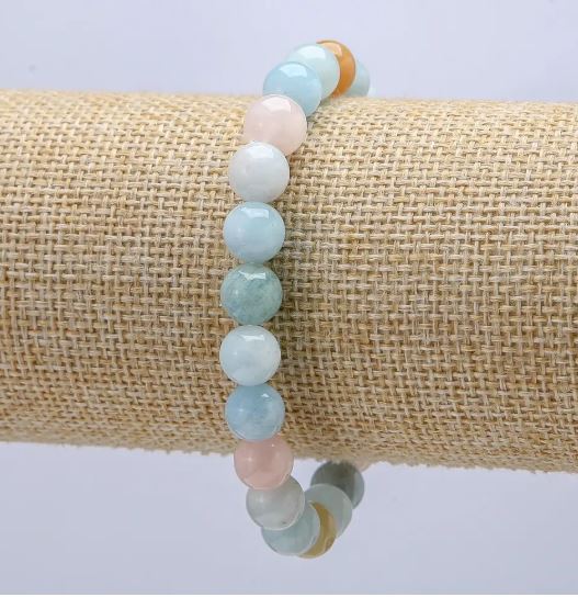 Morganite Bracelet, Natural Stone, Smooth Round Beads, 8 mm Diameter, 18 cm Length, Elastic