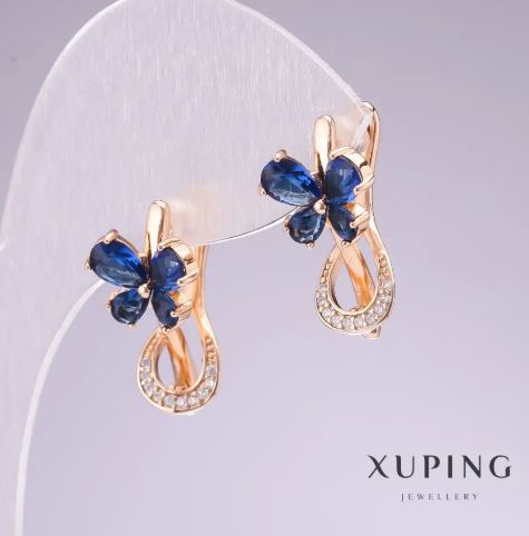 Xuping 18K Gold Plated Earrings with Blue Stones and White Rhinestones, 20x11mm