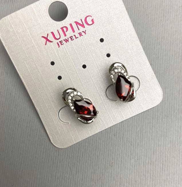Xuping Earrings with Red Cubic Zirconia and White Rhinestones, 15 mm Length, Rhodium