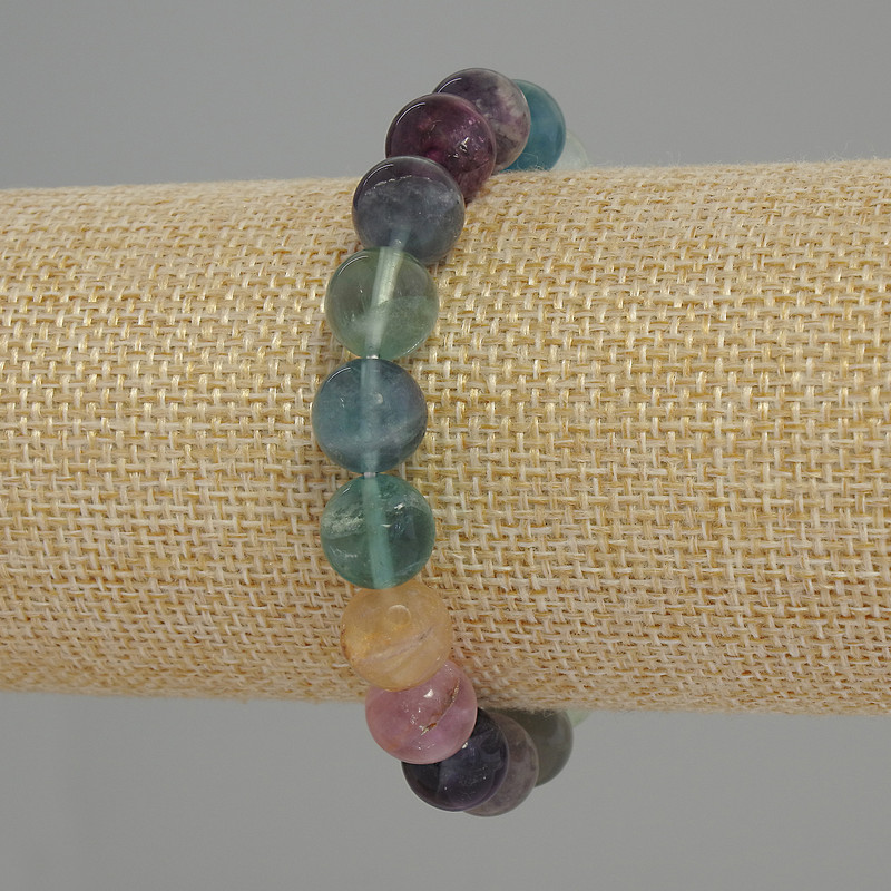 Fluorite Bracelet, Natural Stone, Smooth Bead, Diameter 10 mm, Length 18 cm +/- (Stretch)