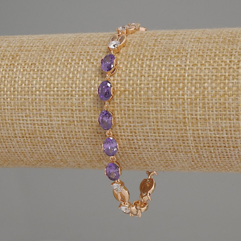 Xuping Bracelet with White and Purple Crystals, 18K Gold Plating, 6mm Diameter, Length 17-19 cm