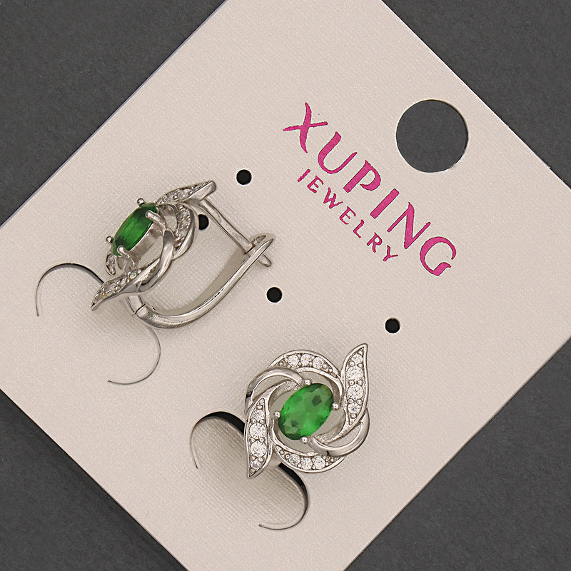 Xuping Earrings with Green Cubic Zirconia, 11 mm Diameter, 18 mm Length, Rhodium-Plated
