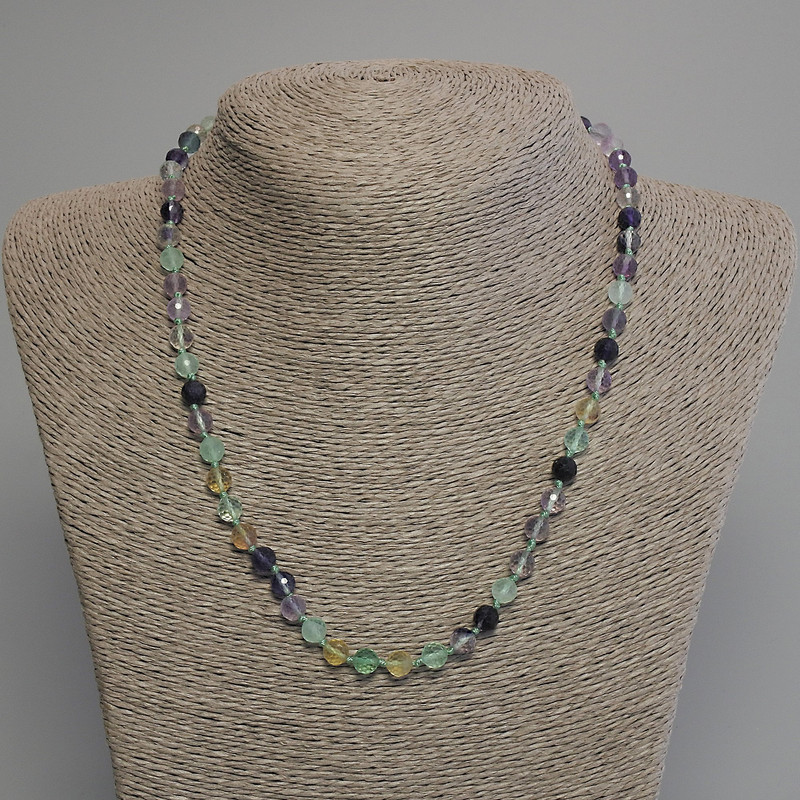 Fluorite Necklace with Faceted Beads, 6 mm Diameter, Approximately 45 cm Long with Clasp