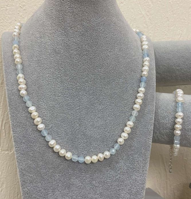 Necklace and Bracelet Set, Round River Pearls, diameter 6.5×6 mm ±; Aquamarine Faceted Bead, diameter 5 mm ±; Length 55 cm ±; Pendant length 18 mm ±; with pendant