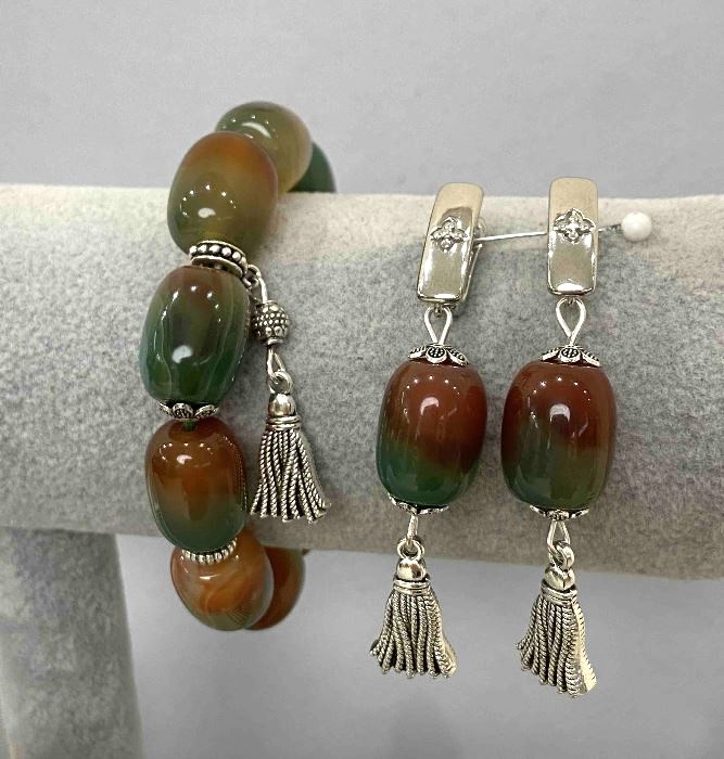 Bracelet and Earrings Set — Brazilian Agate, Tumbled, 18x13 mm ±, with Metal Inlays; Bracelet Length 18 cm ±, Elastic