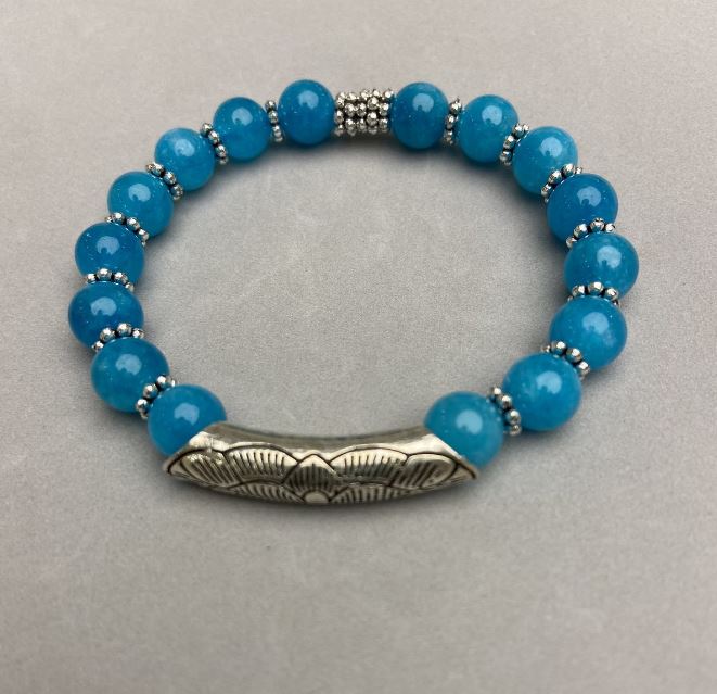 Aquamarine Bead Bracelet 8mm, with Metal Inlays, Length 18 cm, Stretch