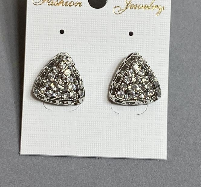 Triangular Stud Earrings 16 mm ± with White Crystals, Silver-Tone Metal