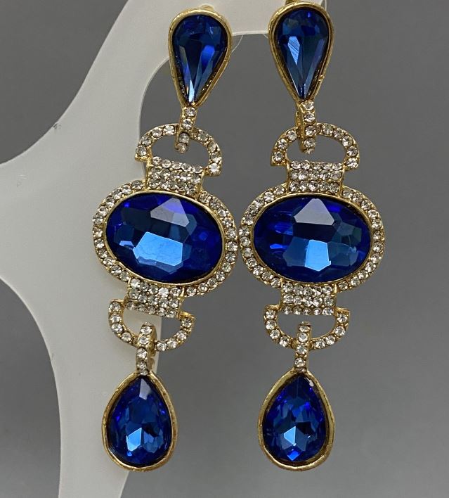 Stud earrings with blue crystals 23x70mm ± white rhinestones