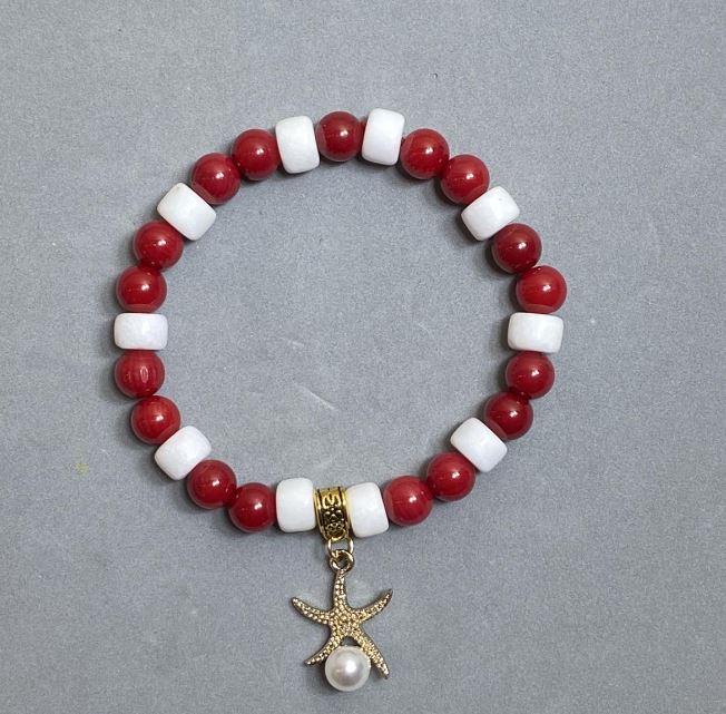 Artificial Coral Bracelet with Rondelle Beads 8x6 mm and Bead 7.5 mm, 18 cm Long, Stretch, with Metal Insert