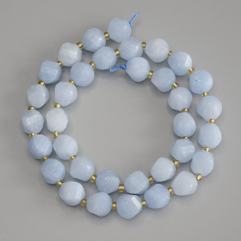 Aquamarine Beads, Faceted Diamond Shape, Diameter 10×8.5 mm, with 3 mm Seed Beads, 39 cm Length on Thread