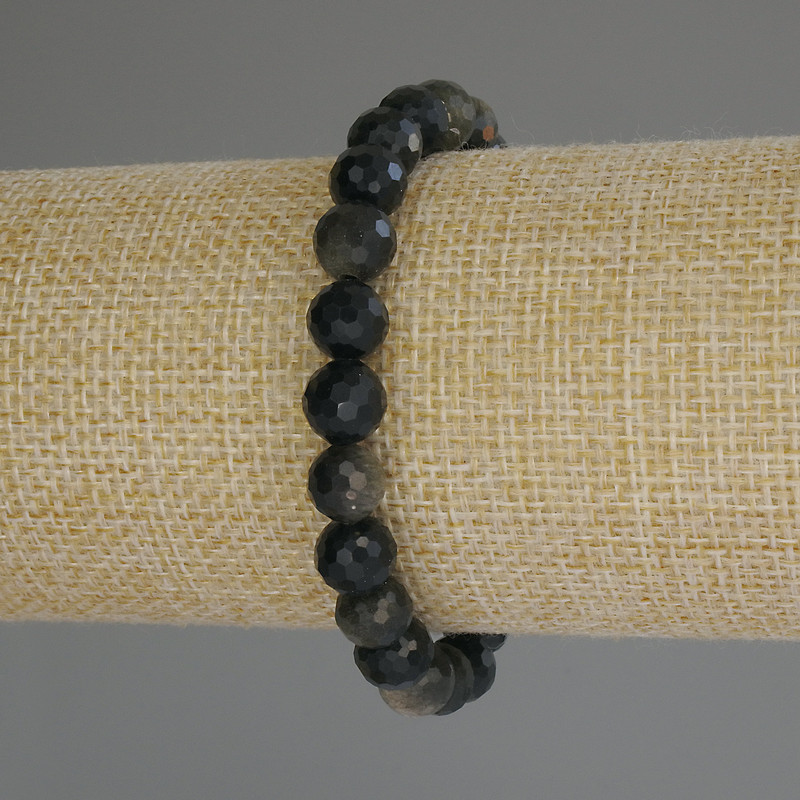 Sun Obsidian Bracelet, Natural Stone, Faceted Beads, 8 mm Diameter, 18 cm Length (Stretch)