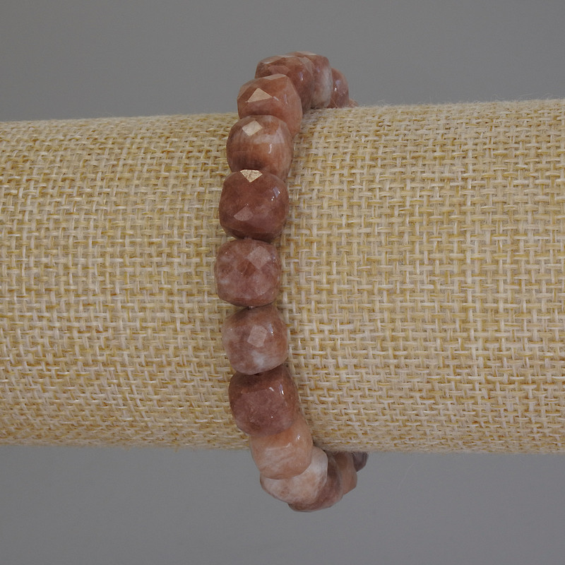 Bracelet of Selenite and Sunstone, Faceted Cube Beads, 9 mm Diameter, 18 cm Stretch