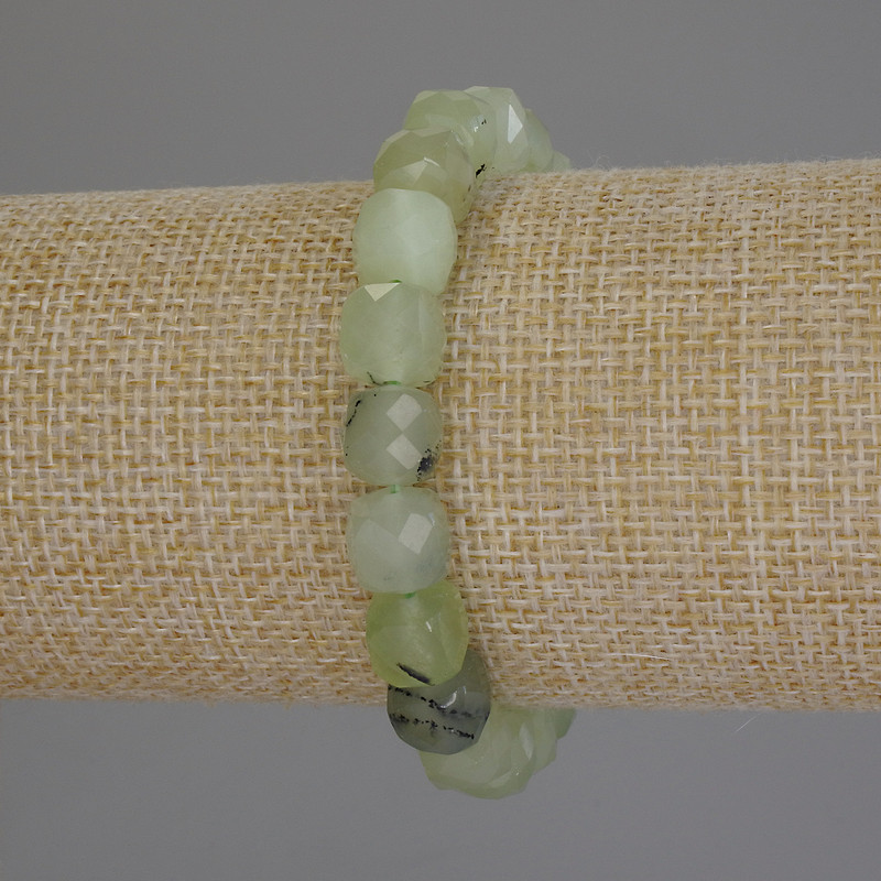 Prehnite bracelet with natural stone, faceted cube, 9mm diameter, 18cm length (stretch)