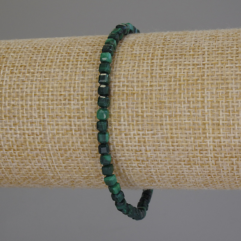 Malachite Bracelet with Faceted Cube Beads, 3×3 mm, 18 cm length, stretch