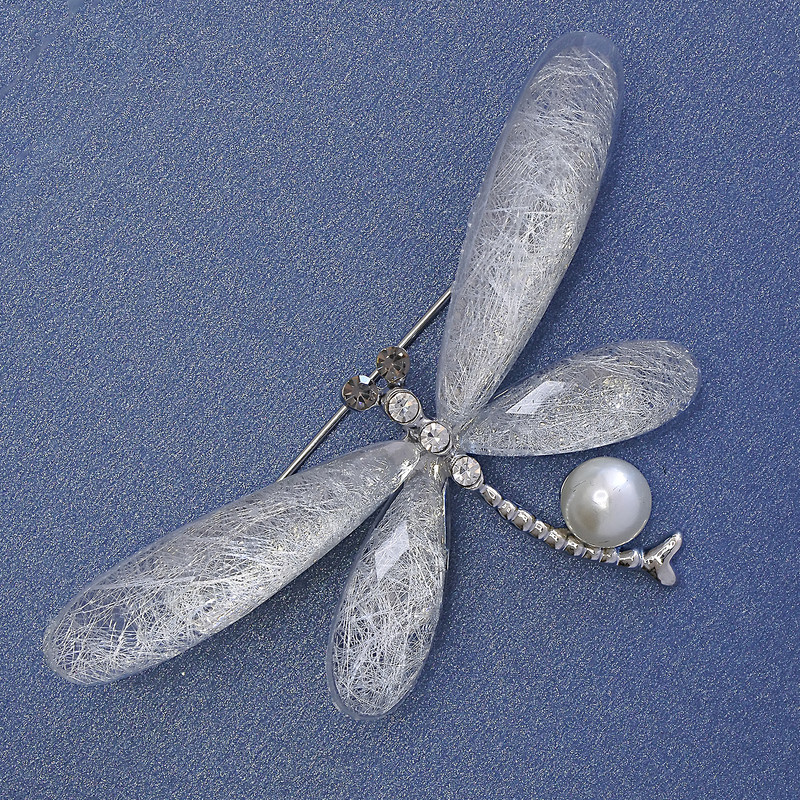 Brooch Butterfly, diameter 68x35mm +/- white rhinestones pearl faceted transparent crystal silver-tone metal