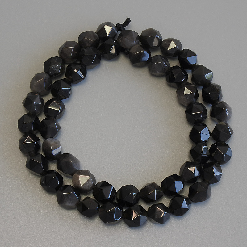 Beads of Silvery Obsidian, Faceted, diameter 8×7 mm, length 38 cm