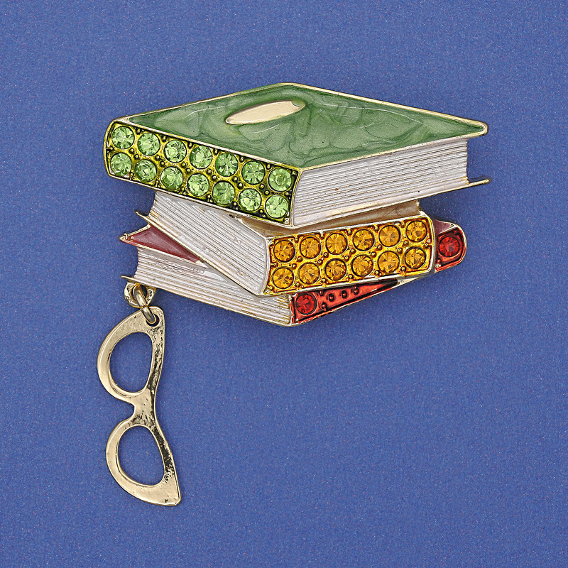 Brooch 'Books with Glasses' Colorful enamel Crystals Gold-tone metal 45x28x48mm+